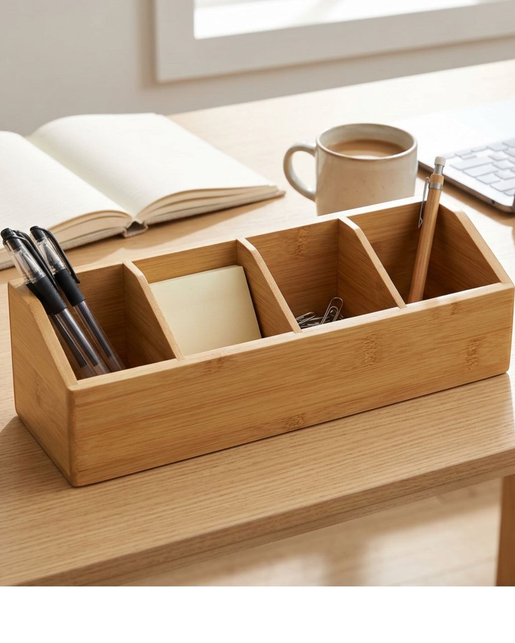 Zvka Bamboo Desktop Storage Box 4 Compartments Natural - Lifestyle view
